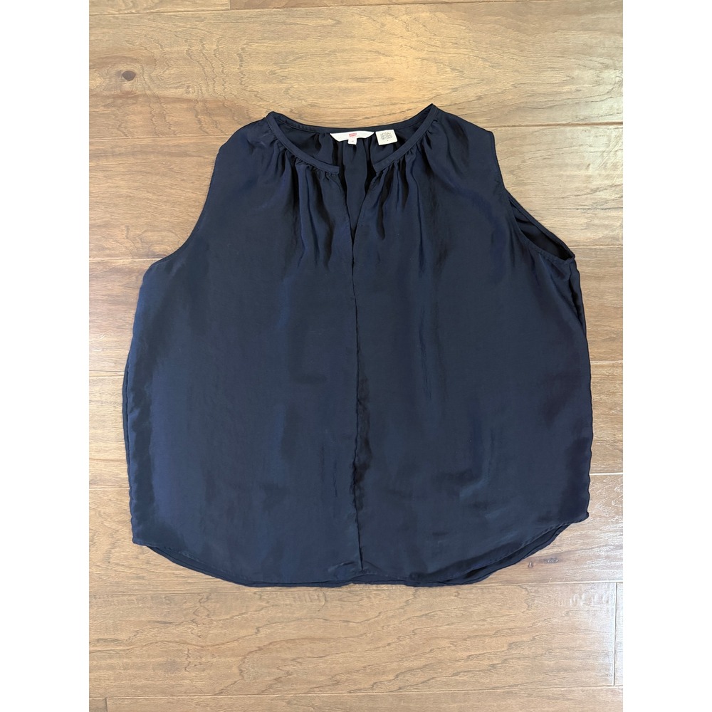 Levis Womens Navy Blue Sleeveless Split Neck Pleated Blouse‎ Top Size M Medium